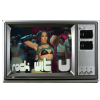 a television with a woman in a bikini on it